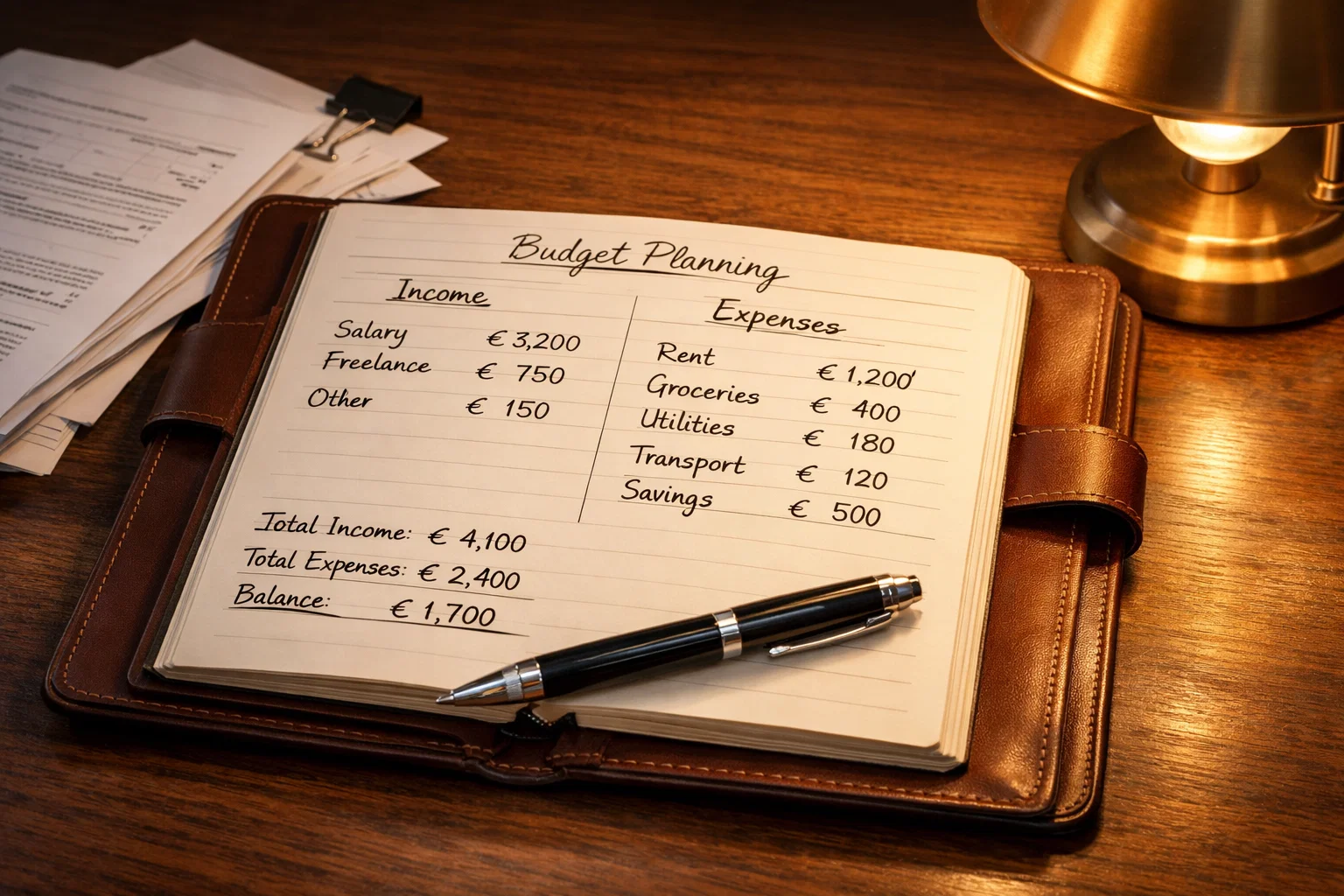 Geordneter Schreibtisch mit Notizbuch und Stift für Wettplanung