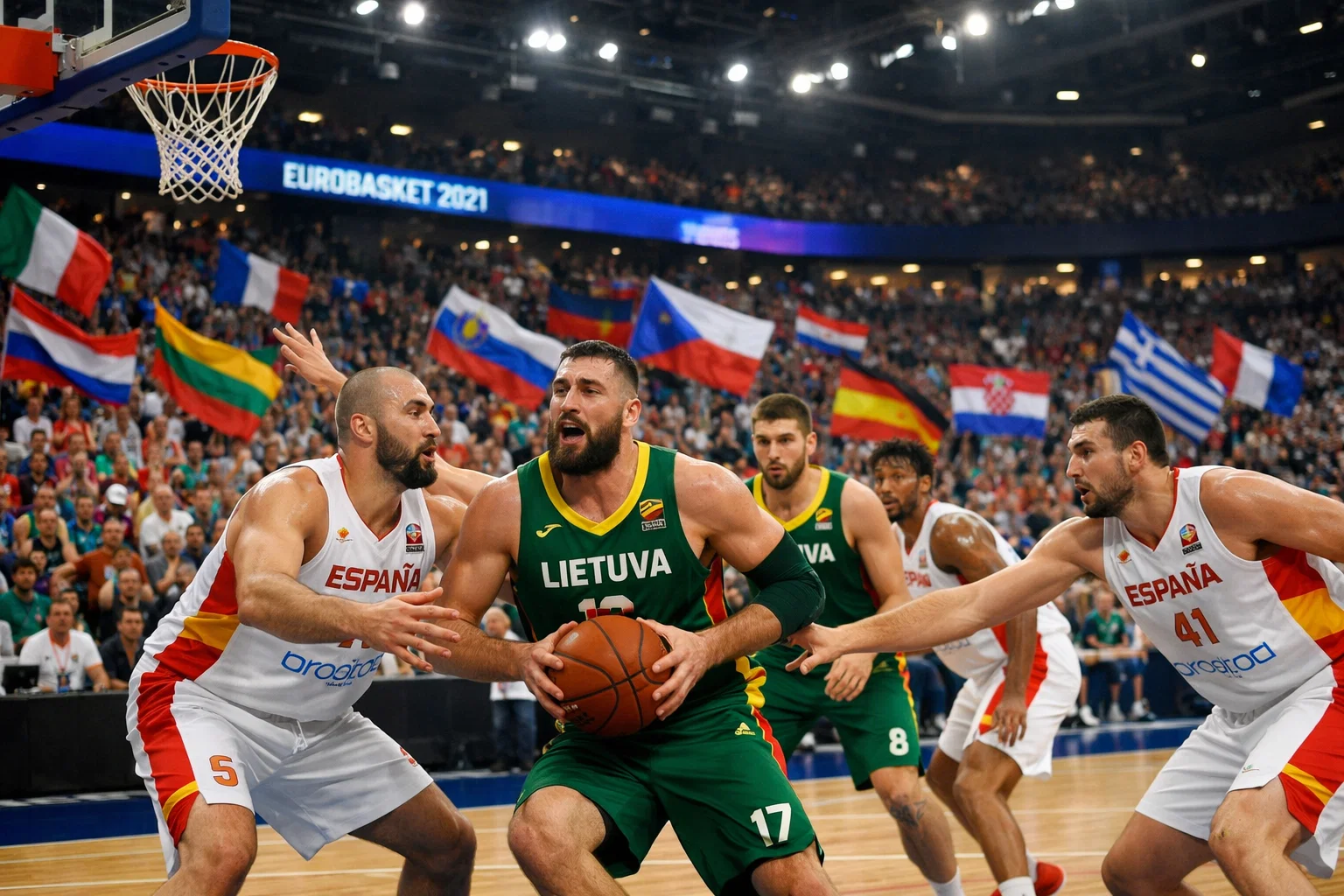 Nationalmannschafts-Basketballspiel bei der EuroBasket mit Fans und Flaggen