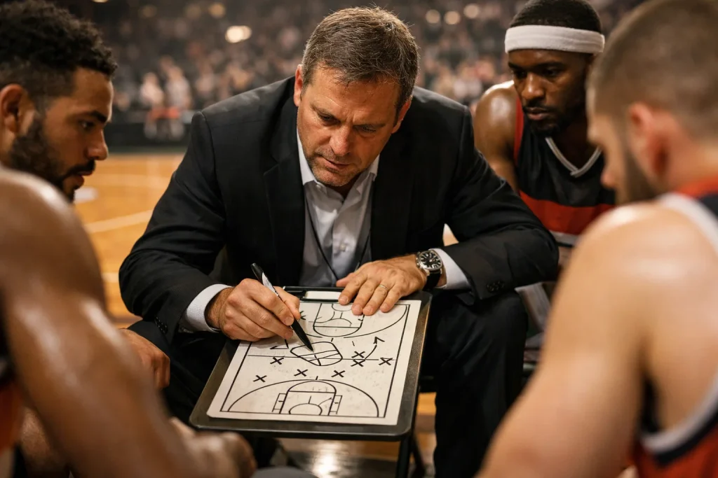 Strategische Besprechung am Spielfeldrand während eines Basketball-Endspiels