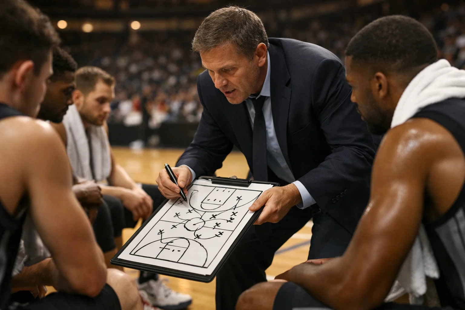 Basketball Trainer bei der taktischen Analyse am Spielfeldrand