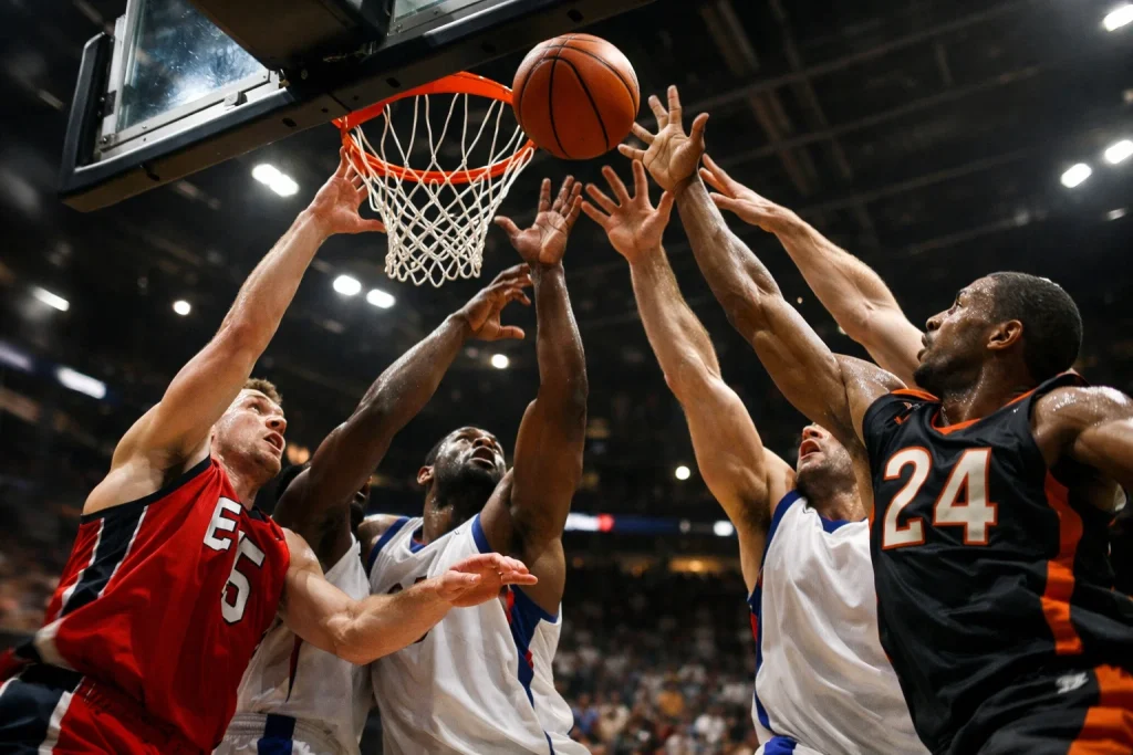 Mehrere Basketballspieler in Aktion auf dem Spielfeld eines Finalspiels