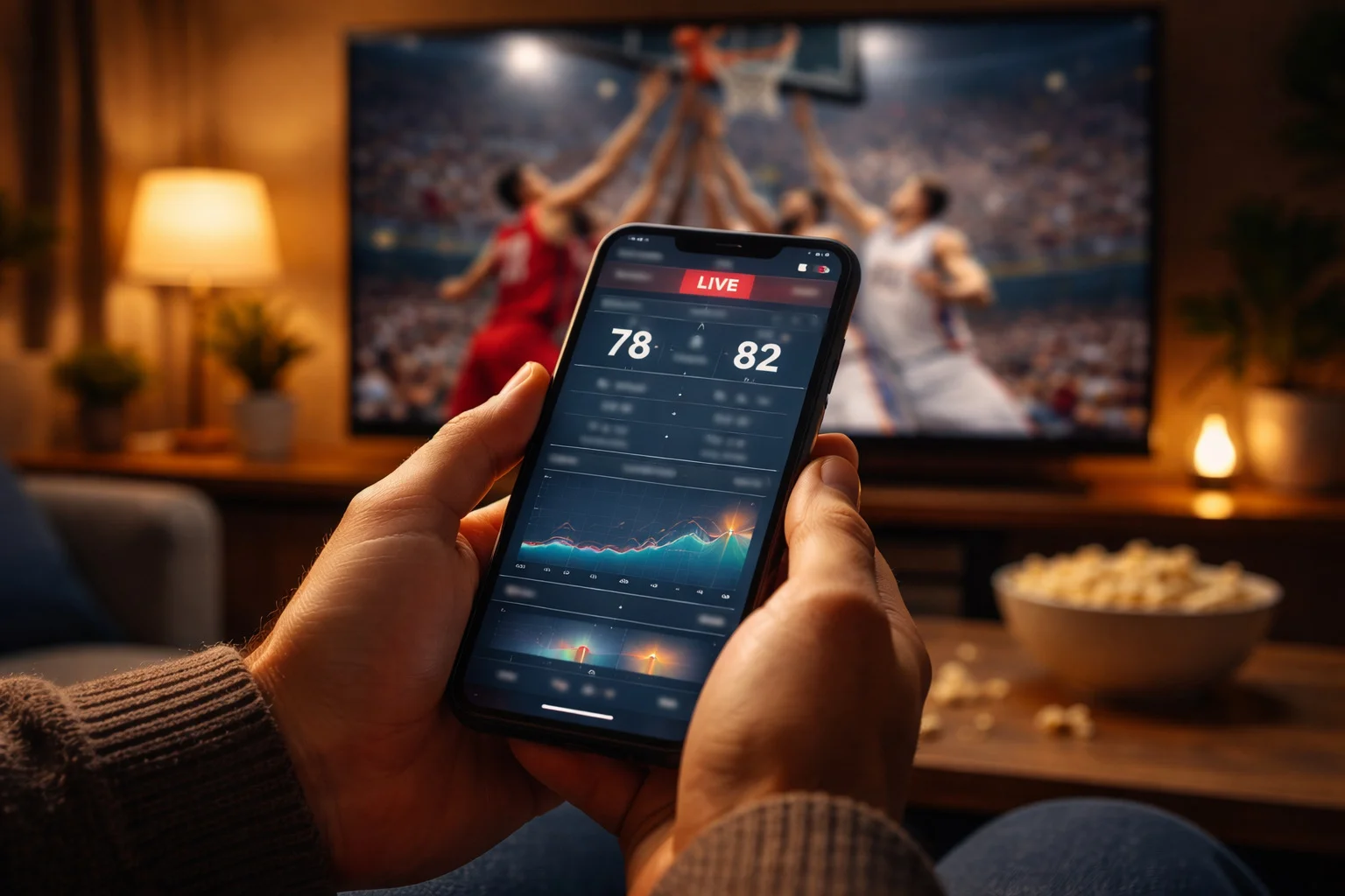 Person verfolgt ein Basketball-Livespiel auf dem Smartphone mit Live-Statistiken