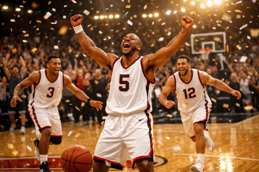 Basketballspieler feiert einen entscheidenden Sieg auf dem Spielfeld