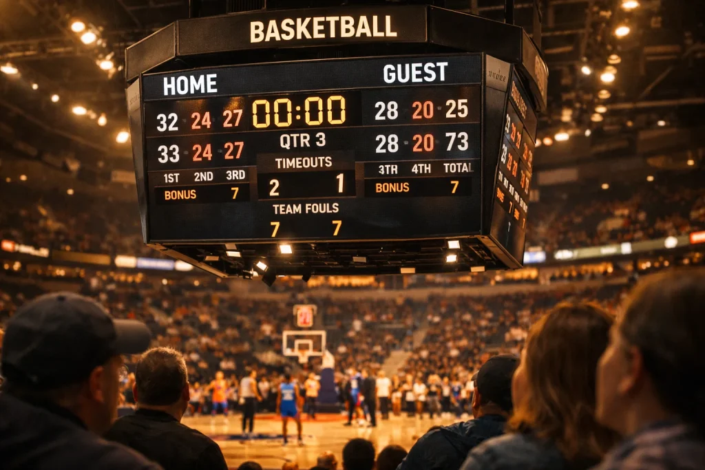 Basketball-Anzeigetafel zeigt Viertelergebnisse während eines Spiels