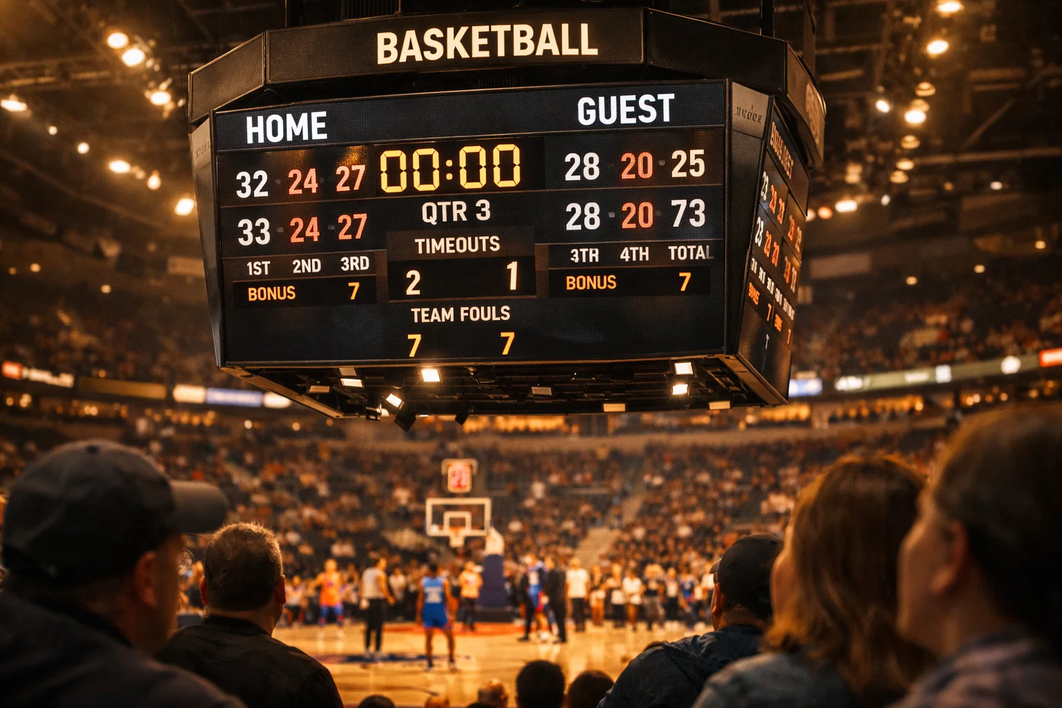 Basketball-Anzeigetafel zeigt Viertelergebnisse während eines Spiels