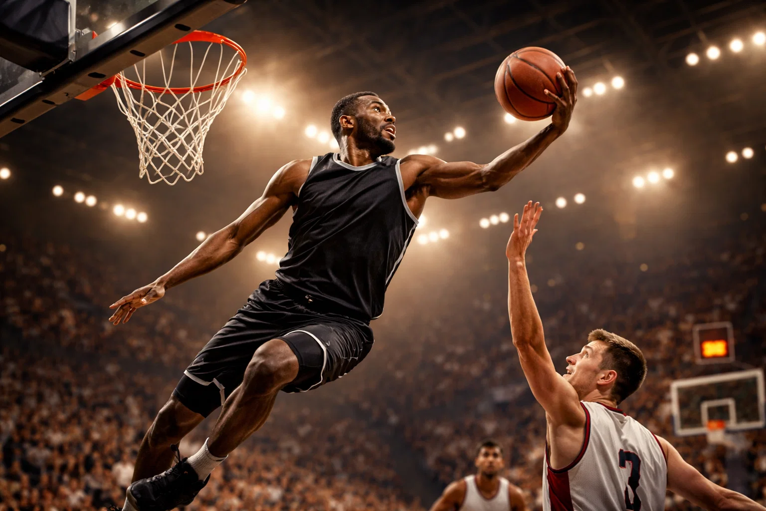 Basketballspieler beim Wurf unter dem Korb während eines Finalspiels