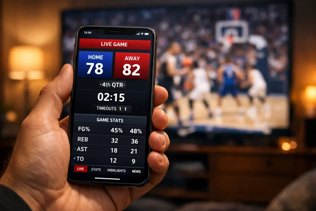 Hand hält Smartphone mit Live-Basketballspiel im Hintergrund