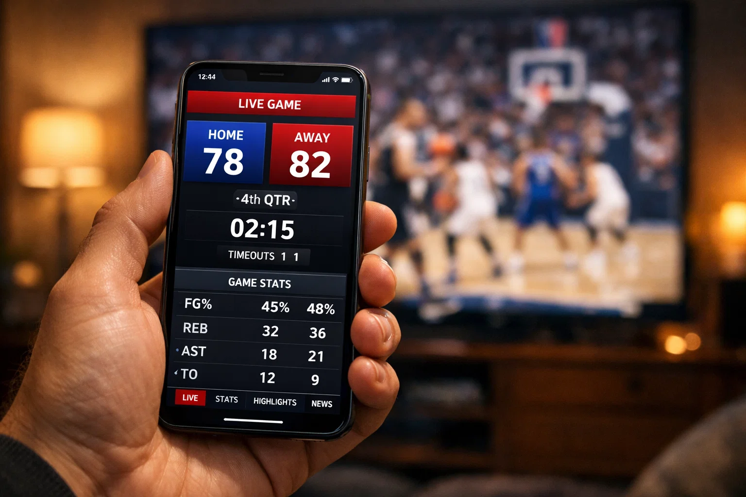Hand hält Smartphone mit Live-Basketballspiel im Hintergrund