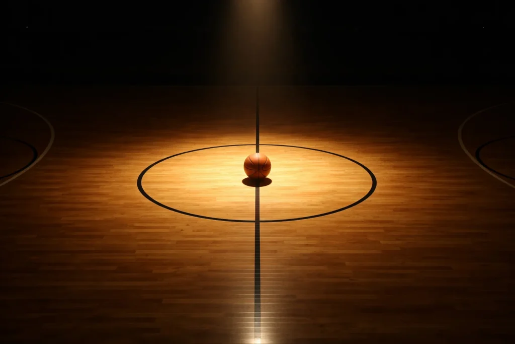 Basketballfeld mit symbolischem Geschenk-Highlight am Mittelpunkt