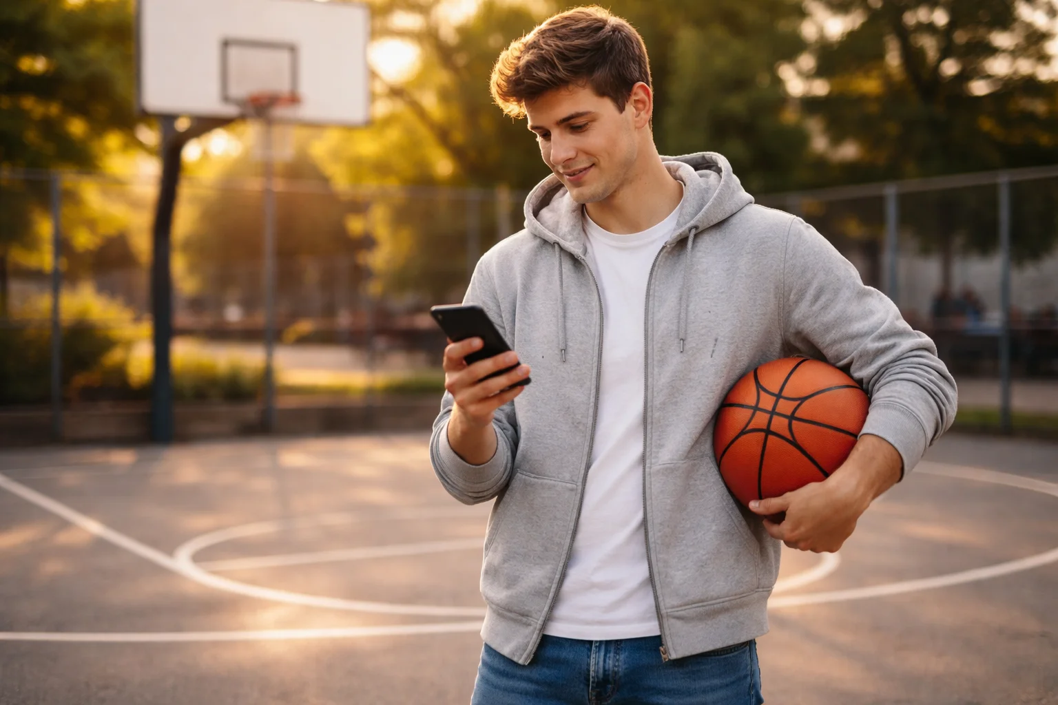 Basketball Wetten für Anfänger – junger Mann mit Smartphone und Basketball in der Hand