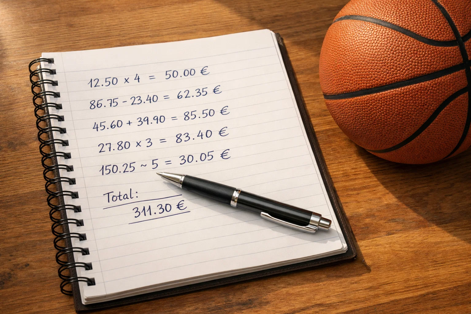 Notizbuch mit handgeschriebenen Quotenberechnungen neben einem Basketball