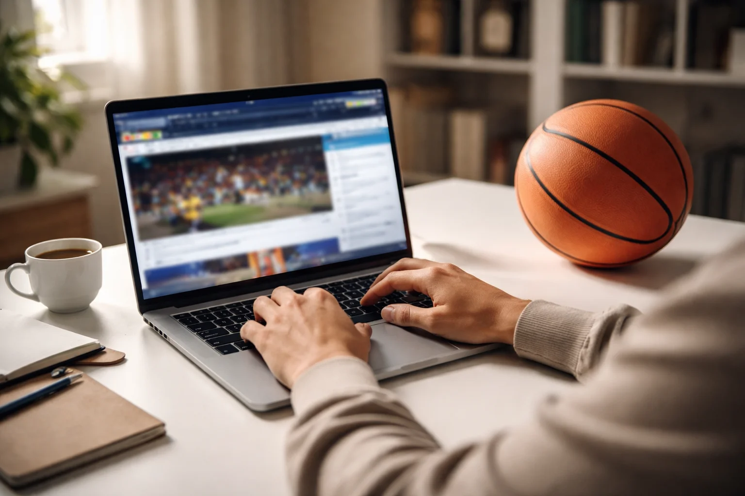 Basketball Wetten Quotenvergleich – Person analysiert Wettquoten auf einem Laptop neben einem Basketball