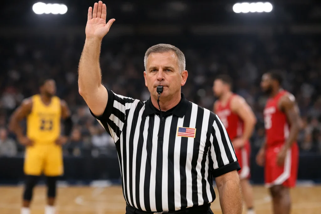 Basketball-Schiedsrichter beim Regelcheck während eines Spiels