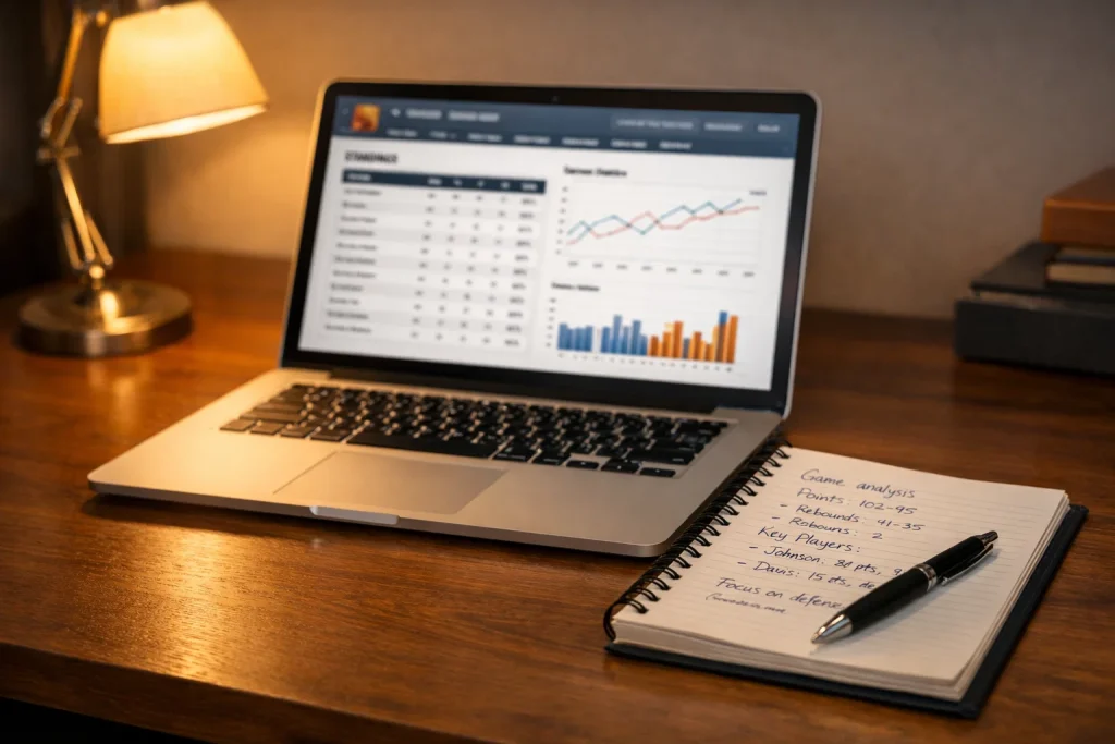 Laptop mit Basketball-Statistiken und Notizblock auf einem Schreibtisch