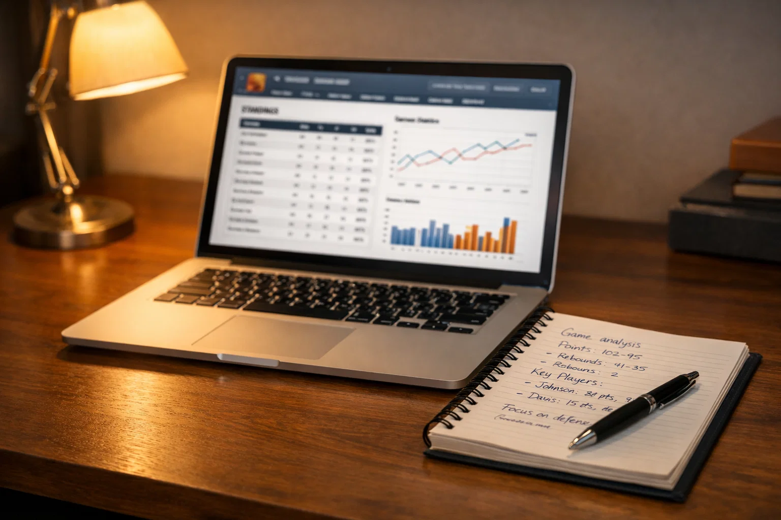 Laptop mit Basketball-Statistiken und Notizblock auf einem Schreibtisch