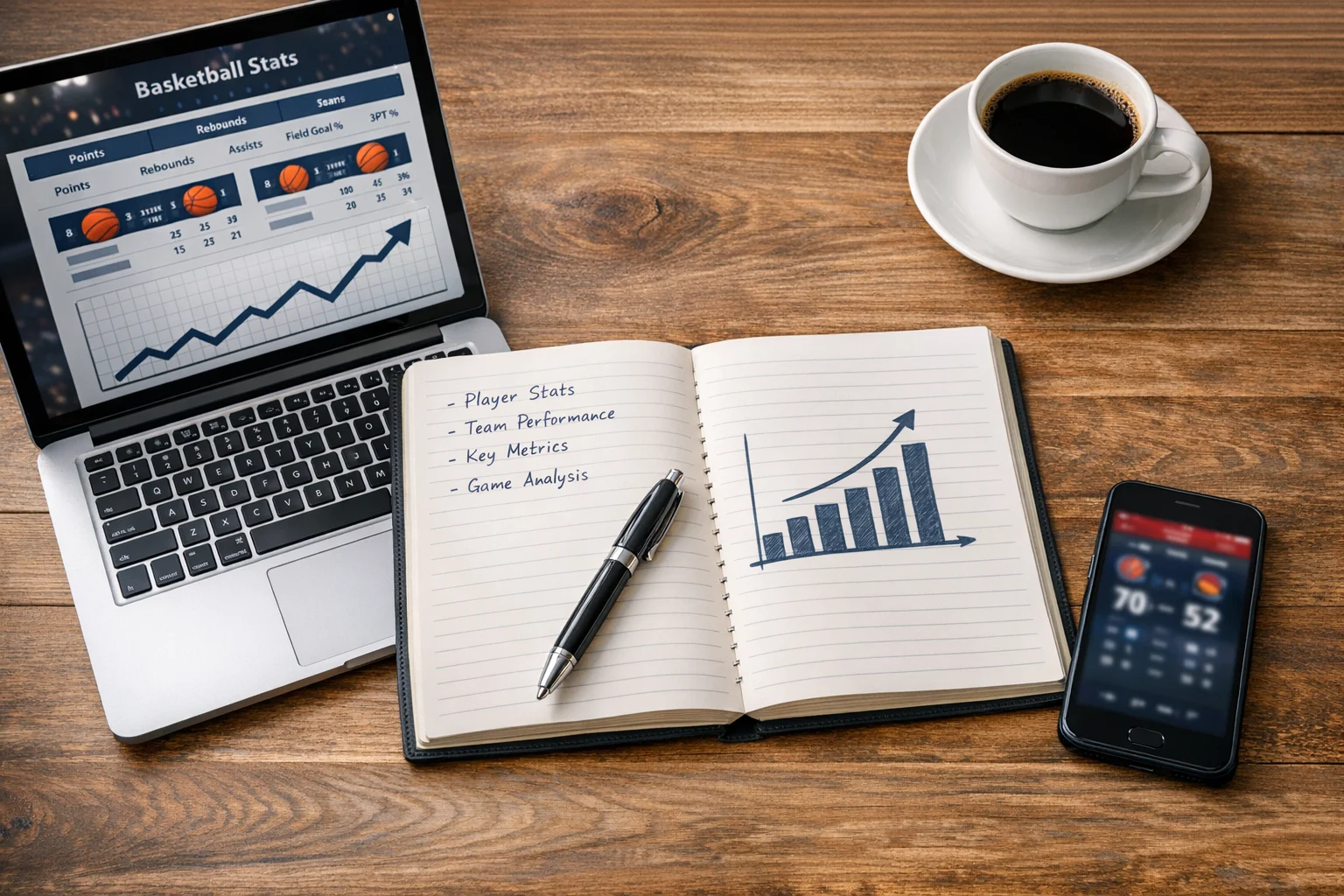 Strategische Wettanalyse mit Statistiken und Notizen auf dem Schreibtisch