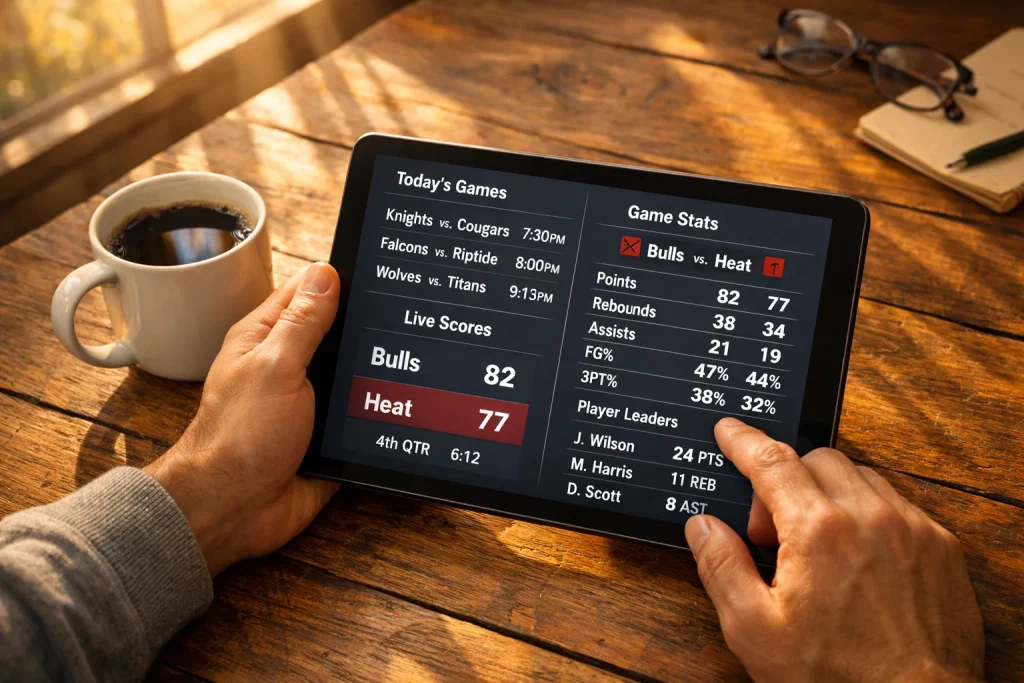 Person analysiert Basketball-Spieldaten am Morgen mit Kaffee und Zeitung
