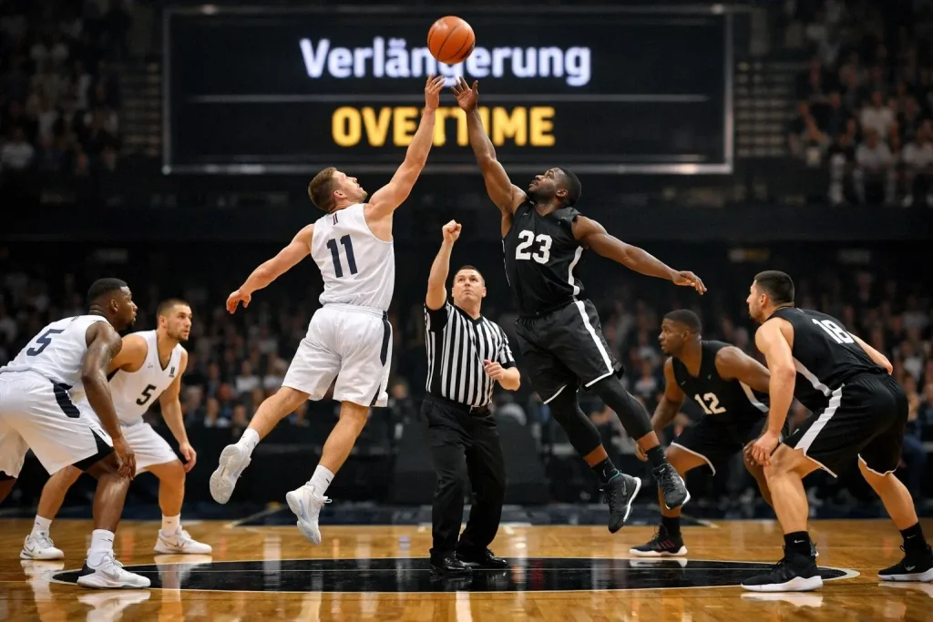 Basketballspieler beim Sprungball zu Beginn der Verlängerung