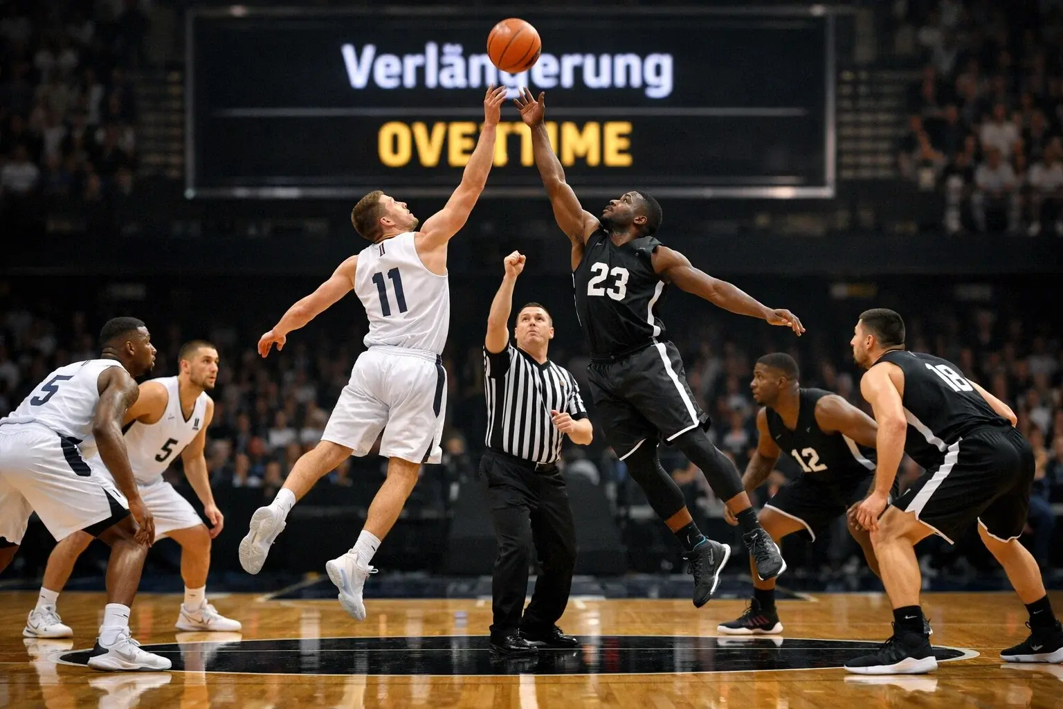 Basketballspieler beim Sprungball zu Beginn der Verlängerung