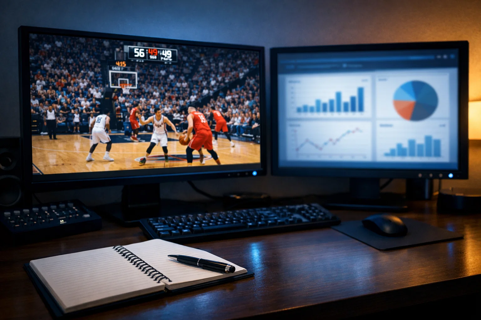 Professioneller Arbeitsplatz mit zwei Monitoren und Basketball-Analysen