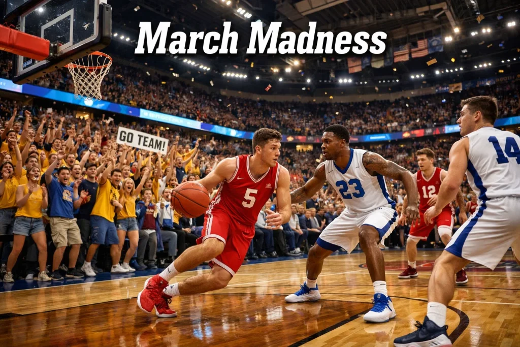 College-Basketball-Turnierspiel in einer großen US-Arena während March Madness
