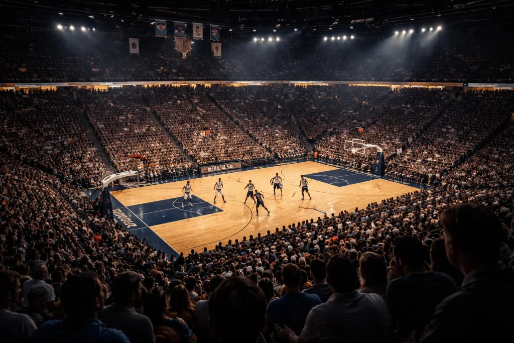 NBA-Finals-Spiel in einer vollen Arena mit Blick auf das Basketballfeld