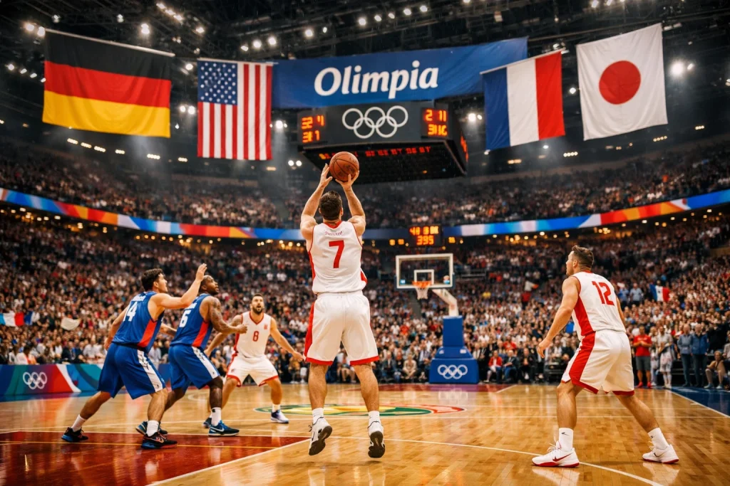 Olympisches Basketball-Turnierspiel in einer großen Arena mit Nationalflaggen