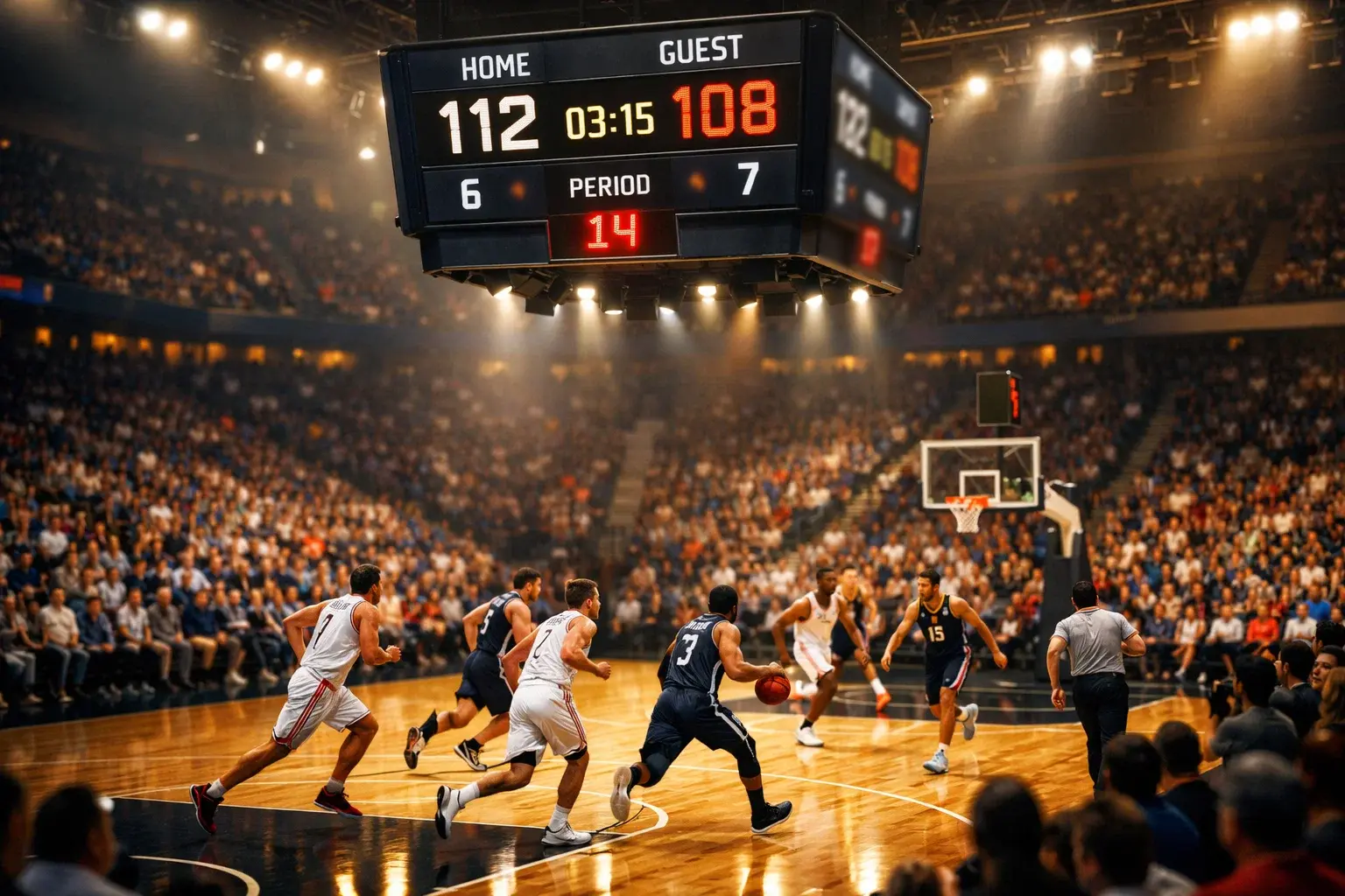 Over Under Wetten Basketball – Anzeigetafel in einer Basketballhalle während eines Spiels