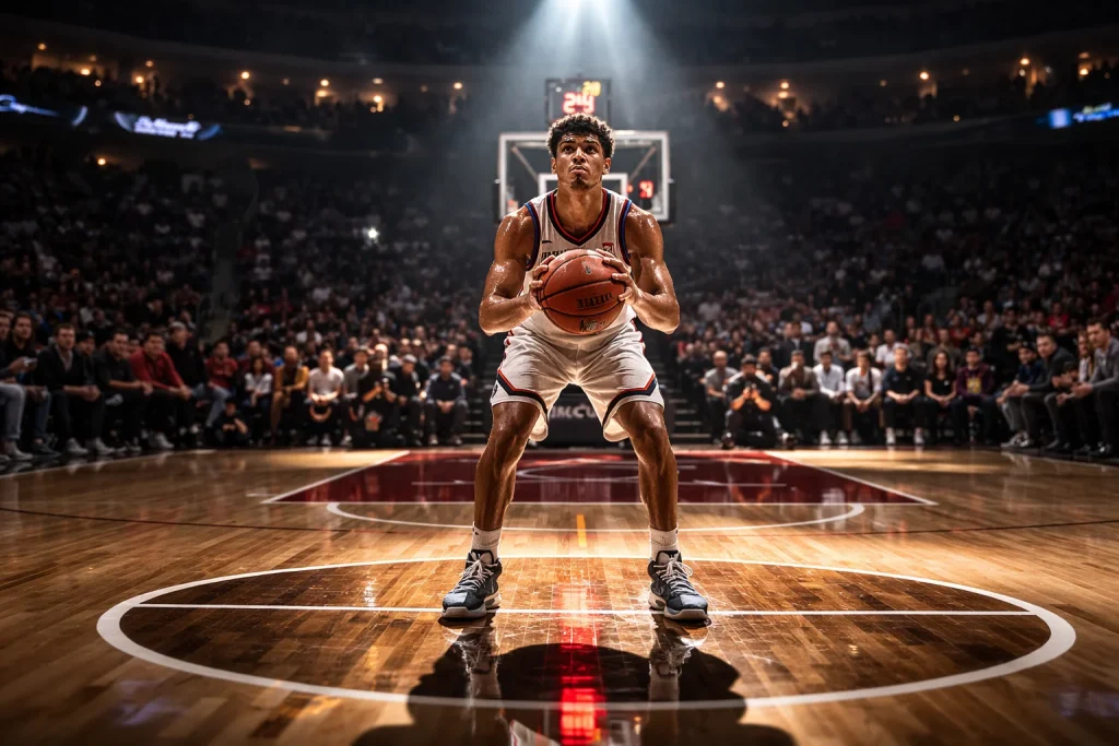 Basketballspieler beim Freiwurf unter Scheinwerferlicht im Finale