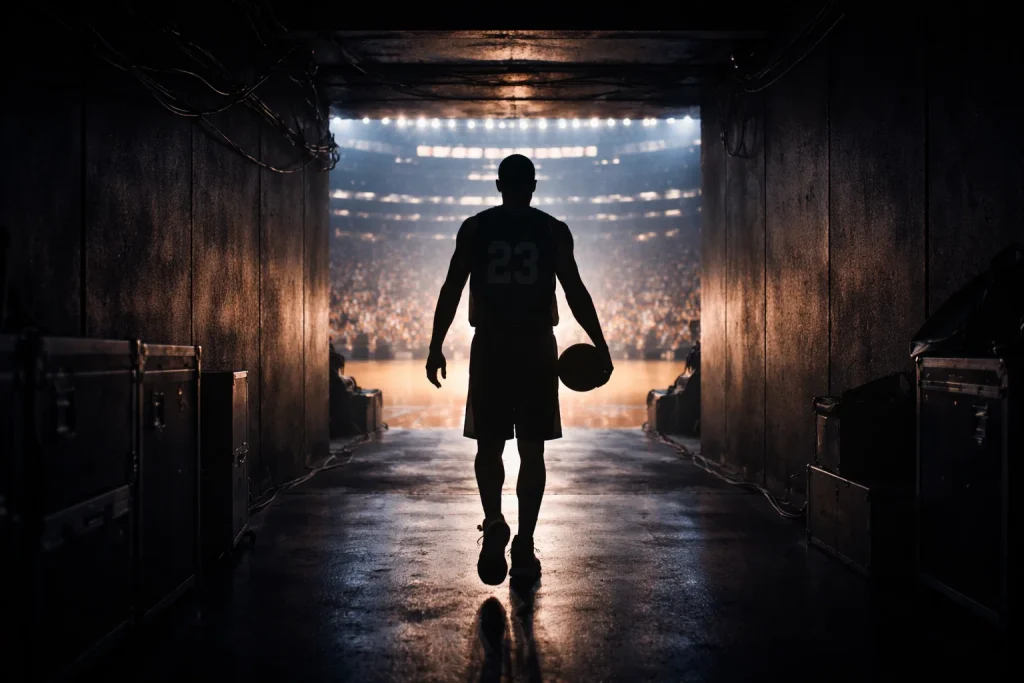 NBA-Playoff-Atmosphäre mit Spielertunnel und Arena im Hintergrund