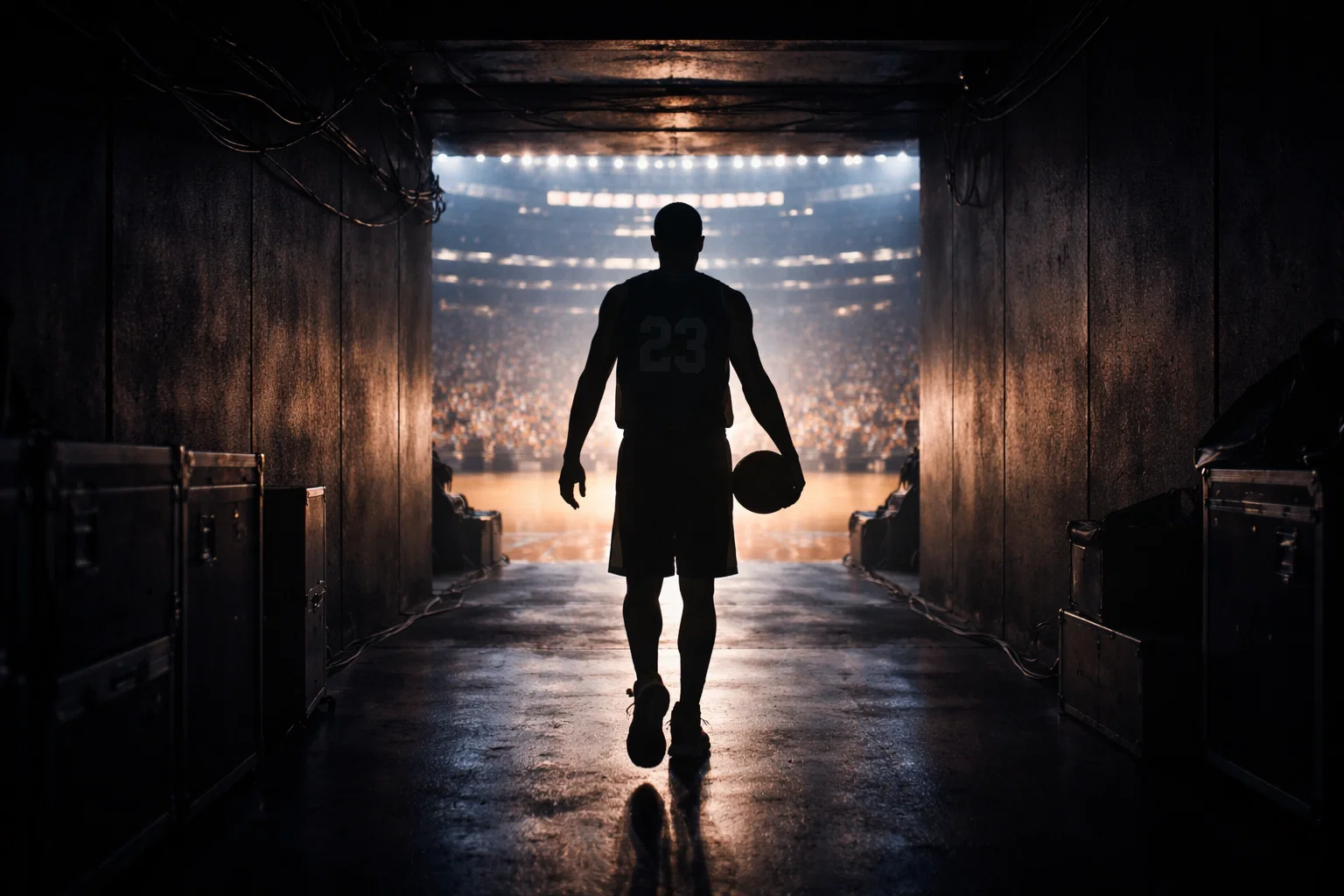 NBA-Playoff-Atmosphäre mit Spielertunnel und Arena im Hintergrund