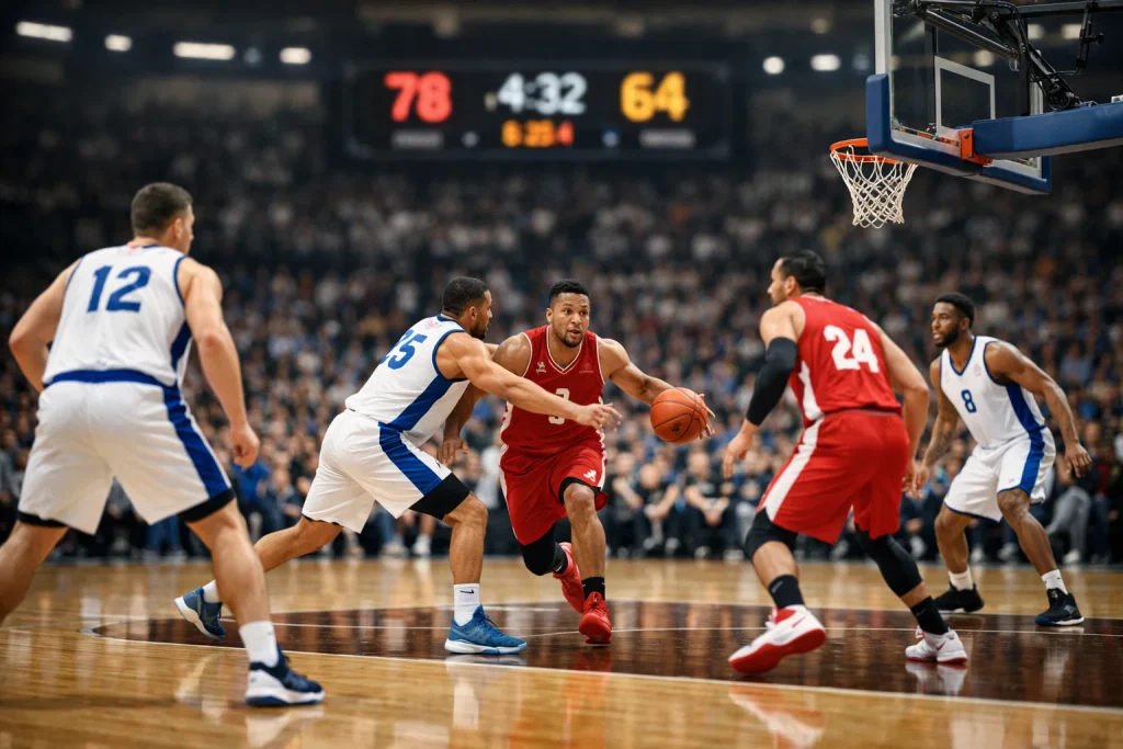 Basketballspiel mit deutlichem Punkteunterschied auf der Anzeigetafel