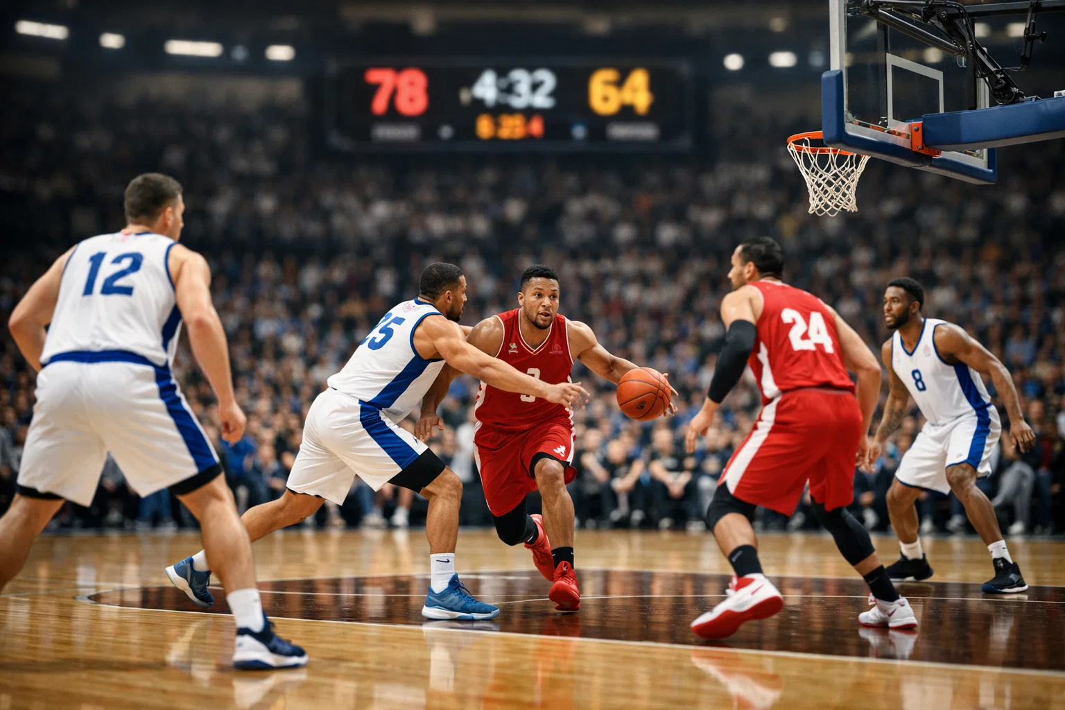 Basketballspiel mit deutlichem Punkteunterschied auf der Anzeigetafel