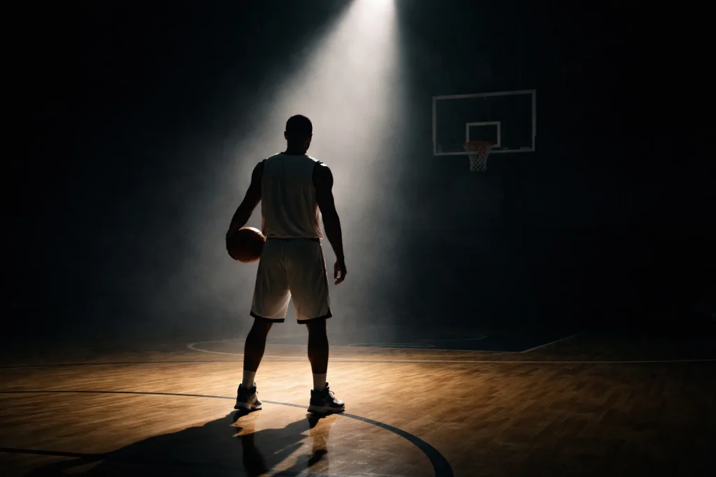 Basketballspieler im Schatten mit hervorgehobenem Licht als Symbol für versteckten Wert