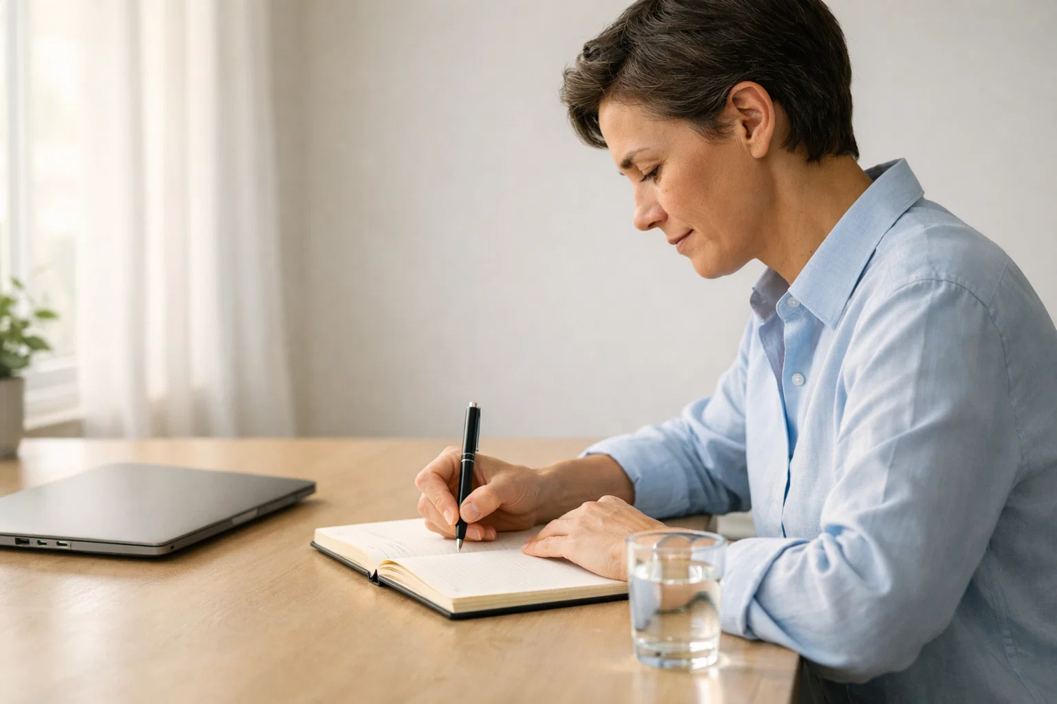 Ruhige Person am Schreibtisch mit Notizblock und klarer Wettplanung